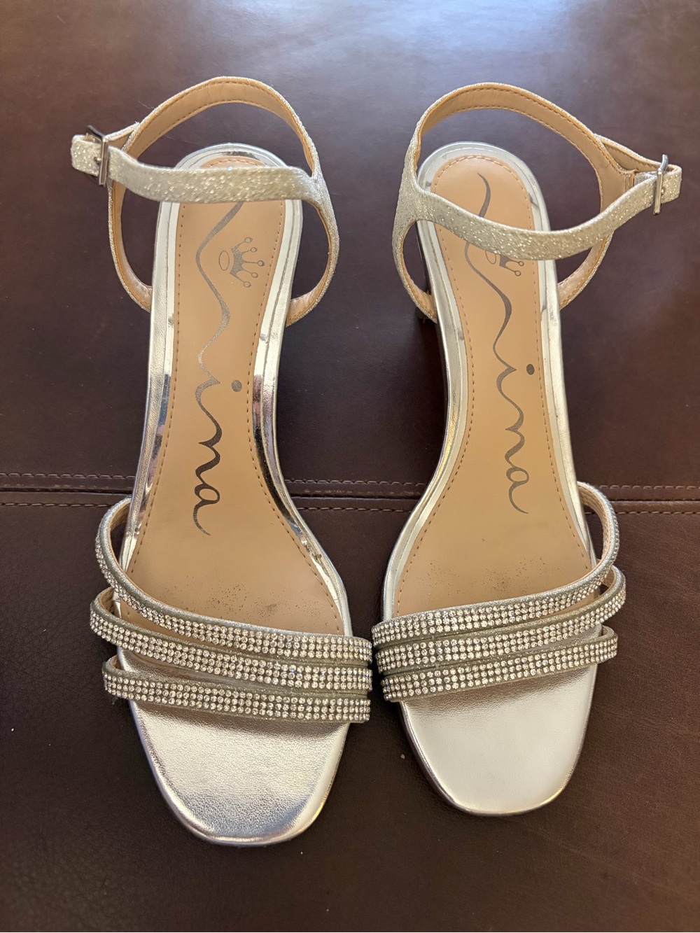 Nina Silver Embellished Ankle-Strap Sandals - 6